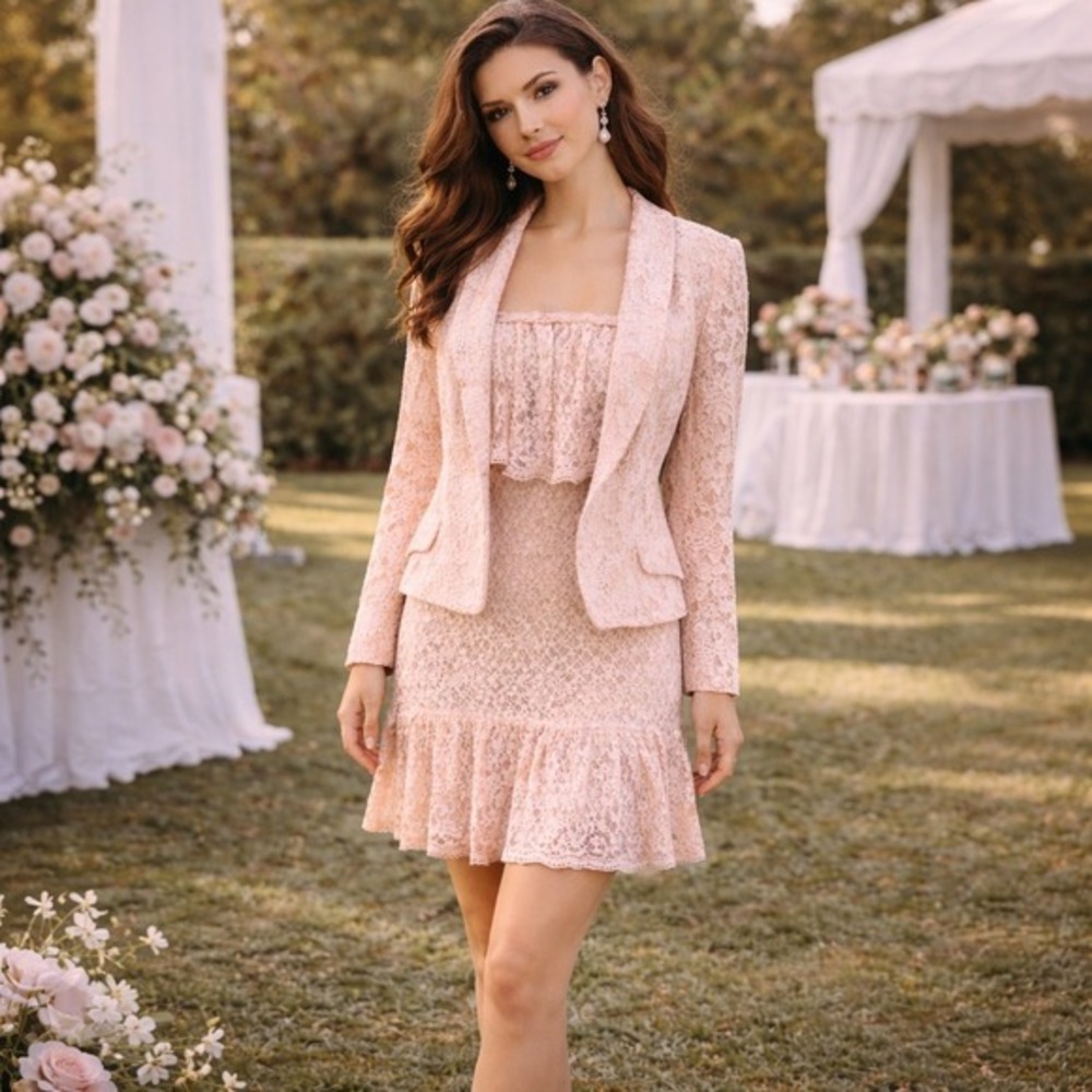 Blush Pink Lace Mini Dress & Lace Blazer Set VS Moda + INC‎ Wedding Guest Small